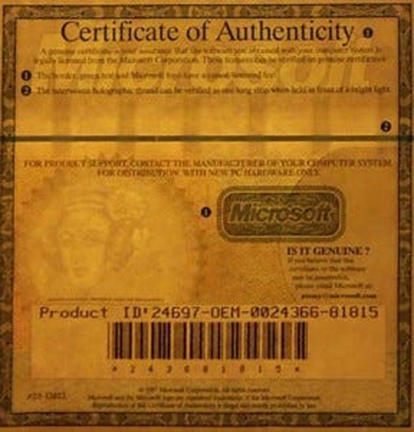 Certificat d'authenticité de windows 95